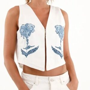 White Cropped Denim Vest Top – Floral Embroidery, Size S